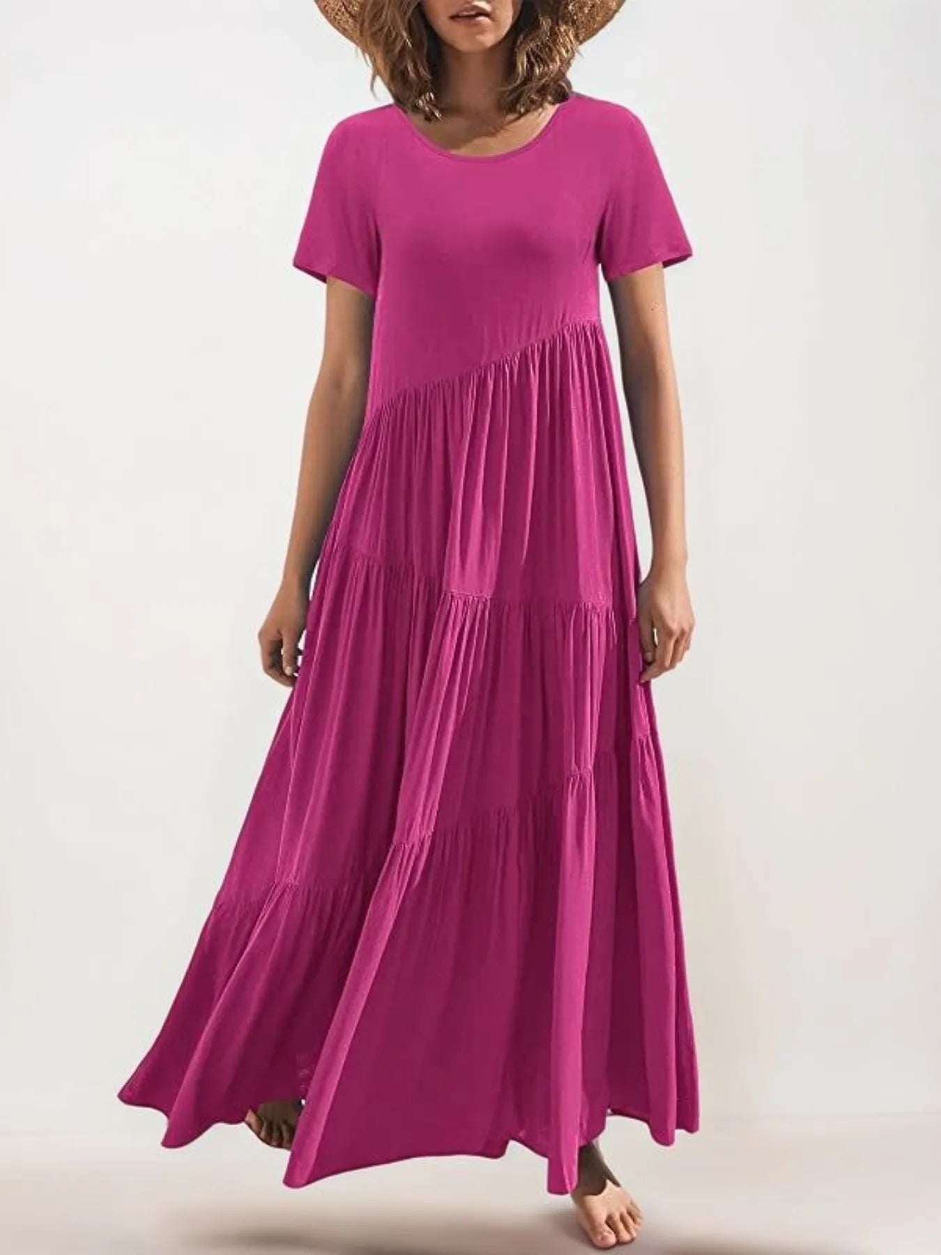 Round Neck Tiered Ruffle Maxi Dress Rose Purple