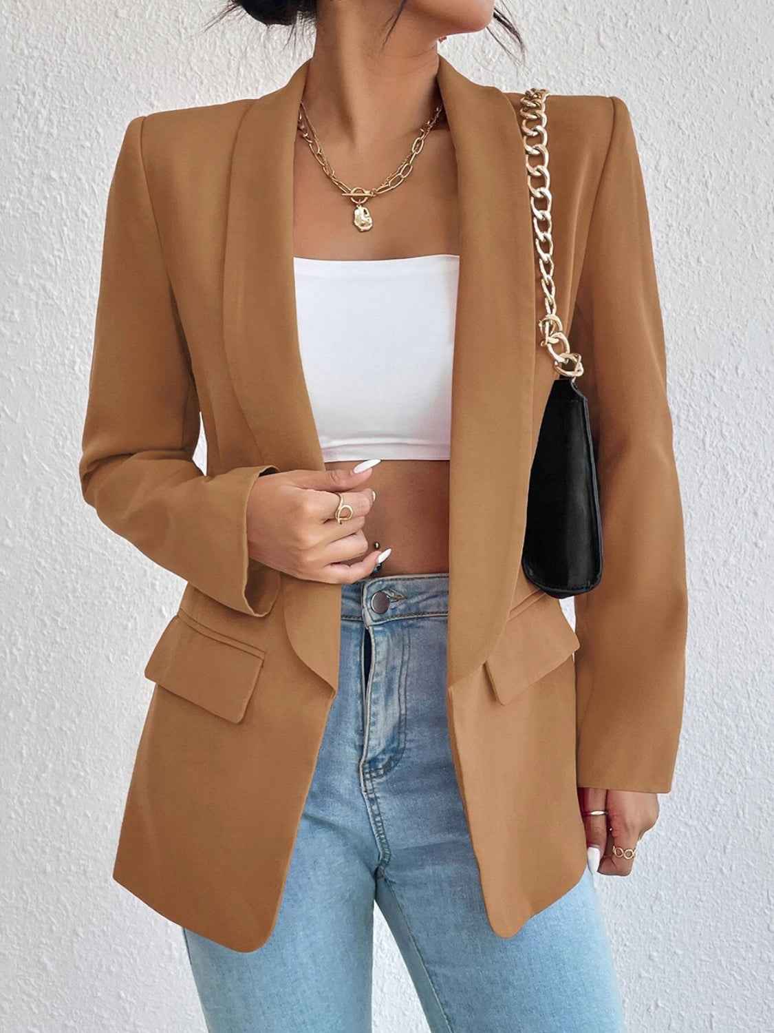 Shawl Collar Long Sleeve Blazer Camel