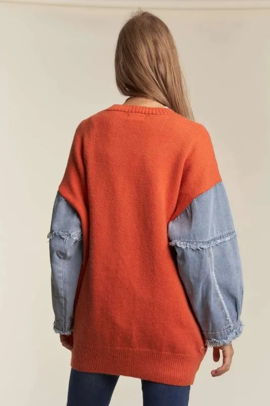 ADORA Full Size Frayed Denim Sleeve Sweater Cardigan Plus Size