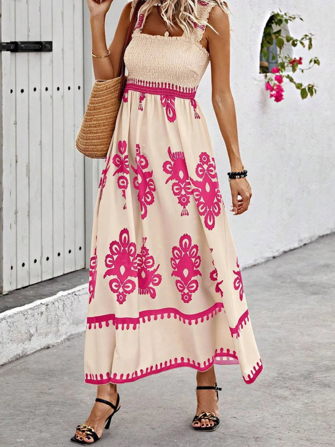 Smocked Printed Wide Strap Maxi Dress Pink
