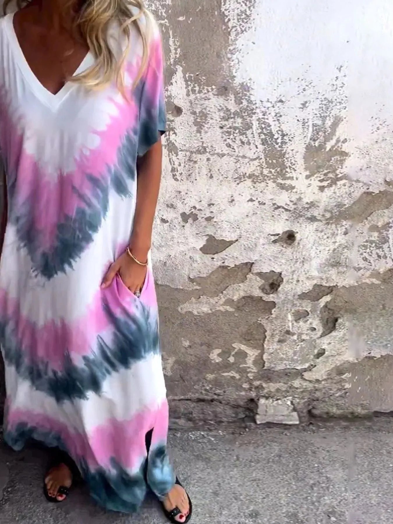 Full Size Tie-Dye V-Neck Midi Dress with Pockets Plus Size Pink