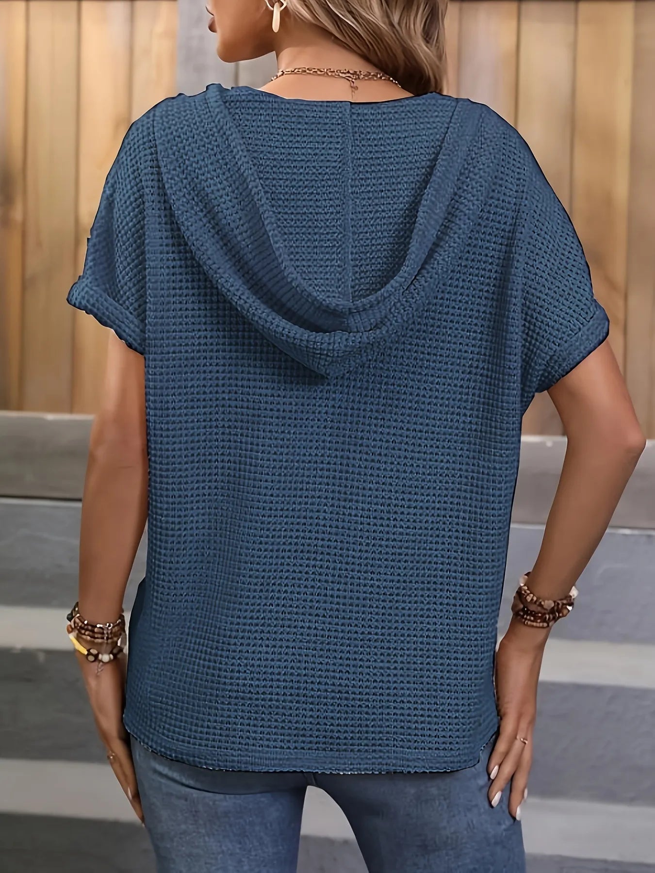 Drawstring Waffle Knit Short Sleeve Hoodie