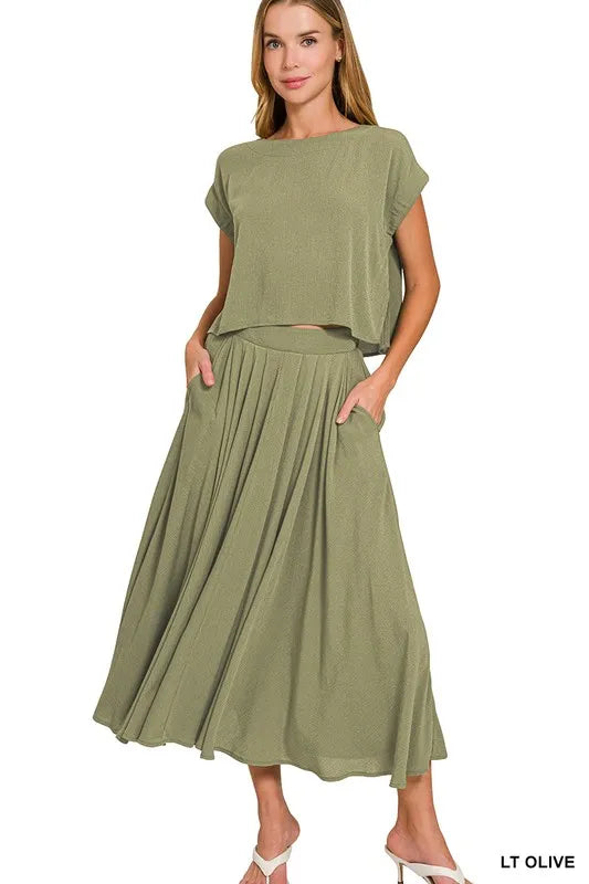 Zenana Woven Crinkle Gauze Crop Tee and Skirt Set LT OLIVE