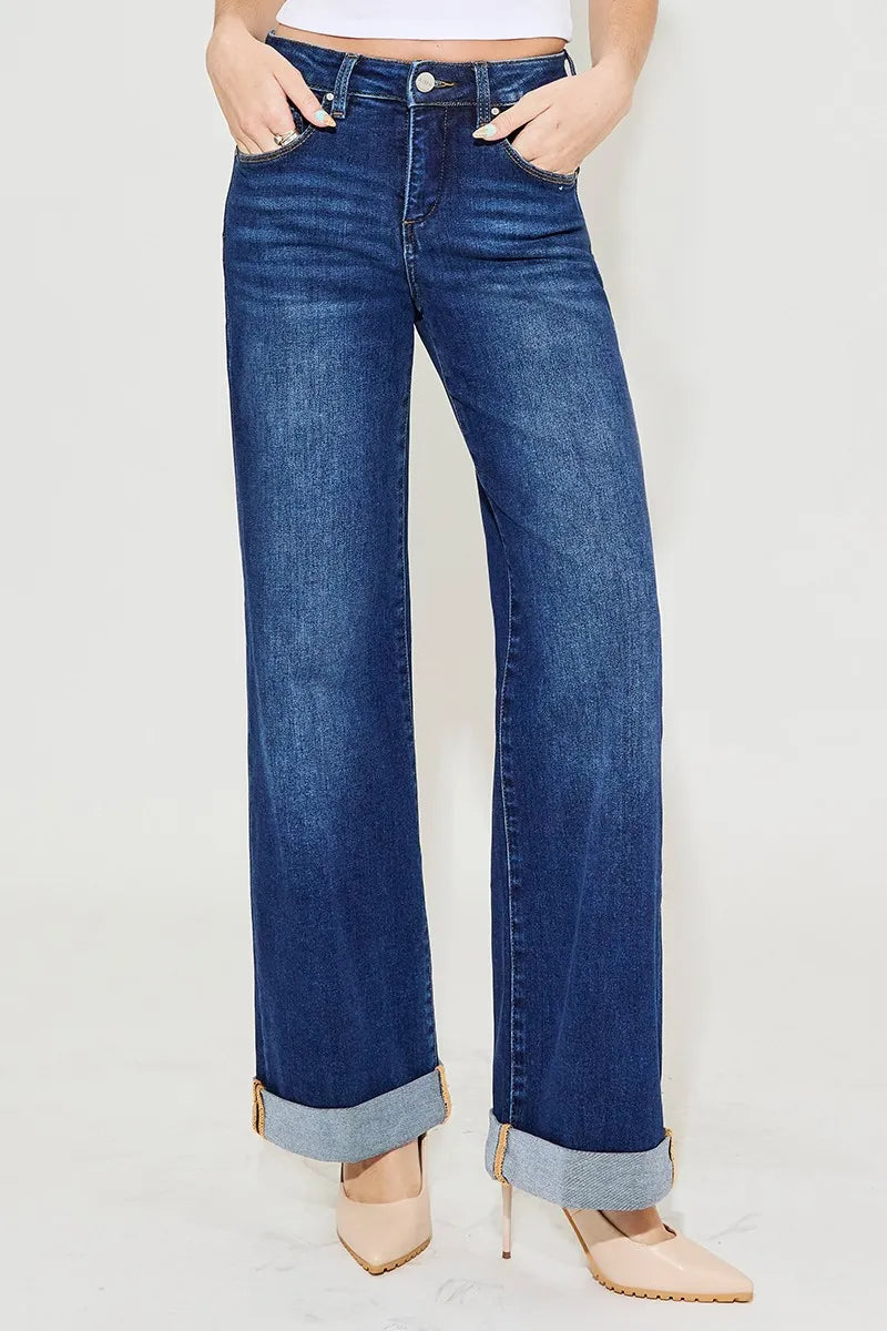 RISEN Full Size Tummy Control High Rise Wide Leg Cuffed Jeans Plus Size DARK