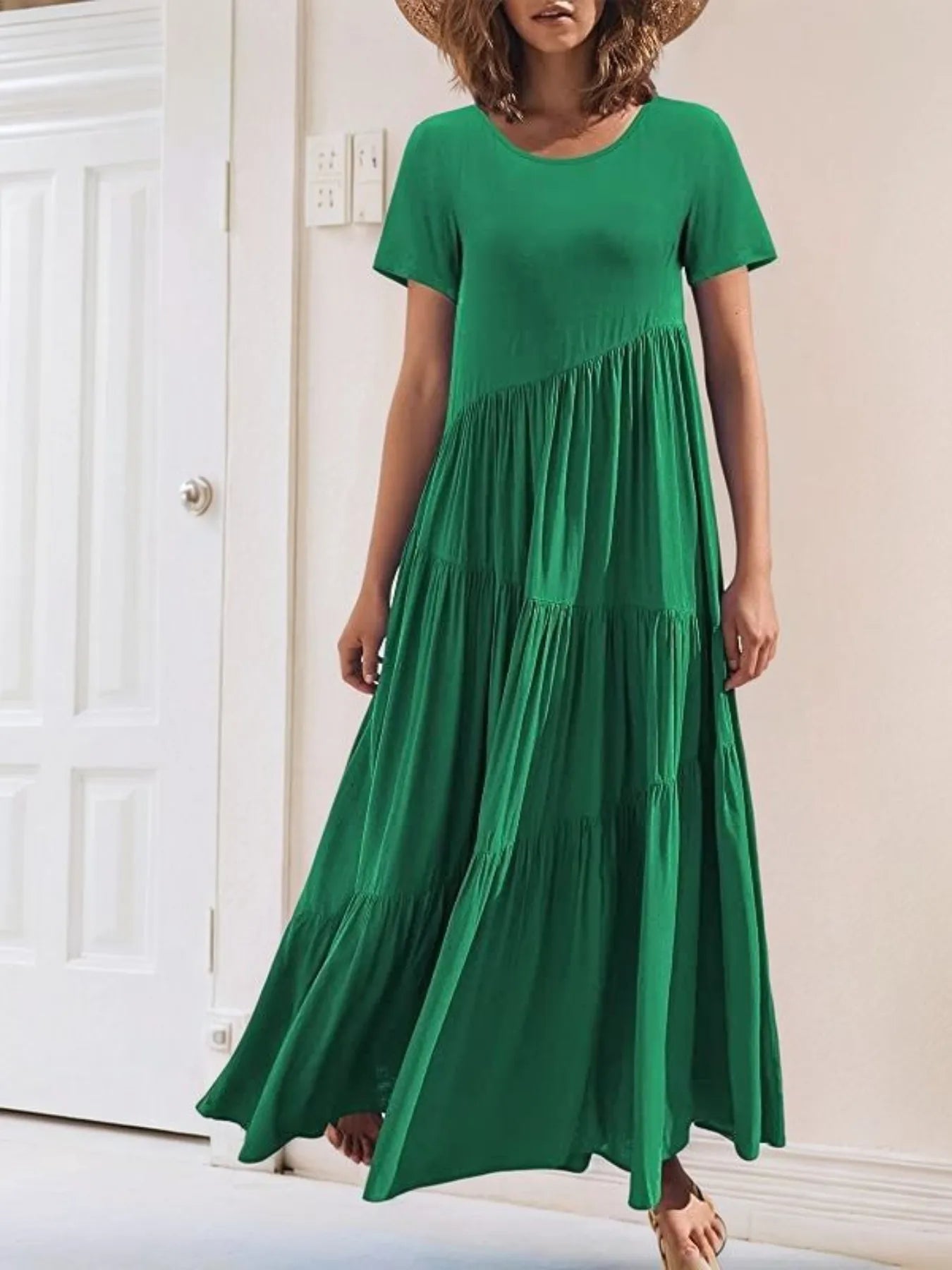 Round Neck Tiered Ruffle Maxi Dress Green