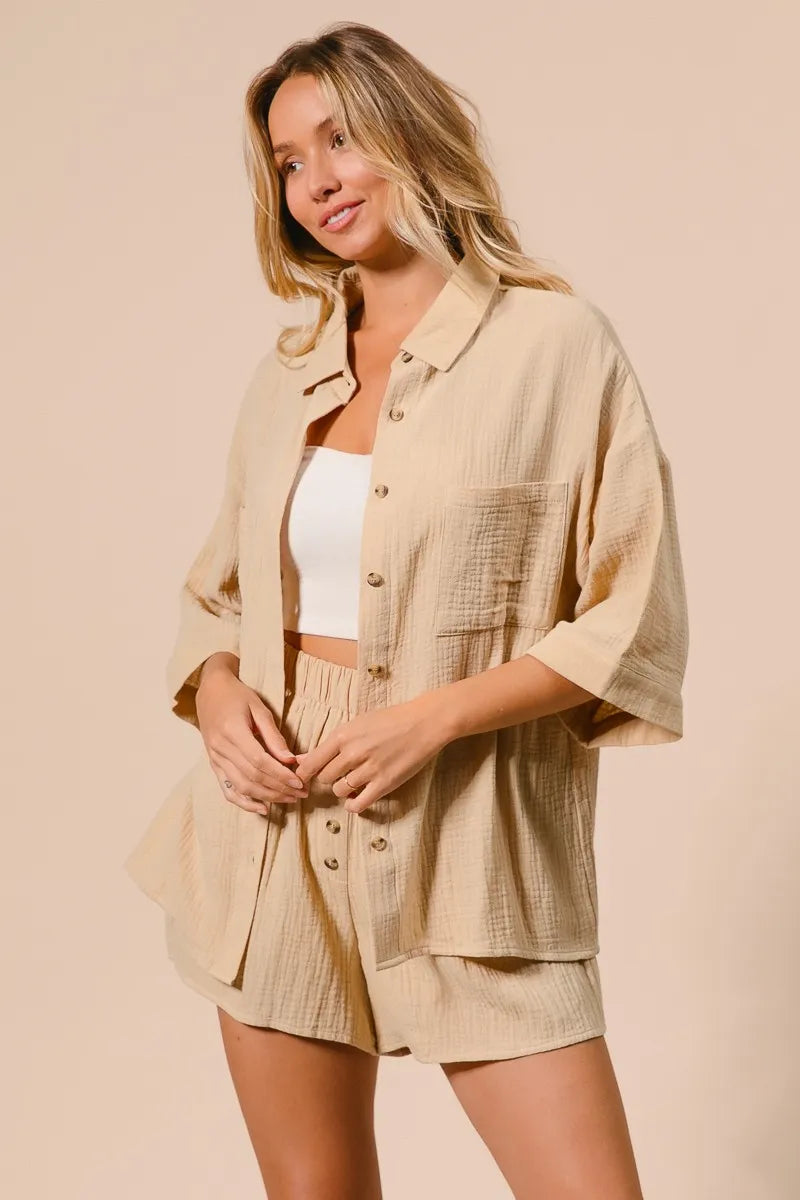 BiBi Crinkle Gauze Shirt and Short Set OATMEAL