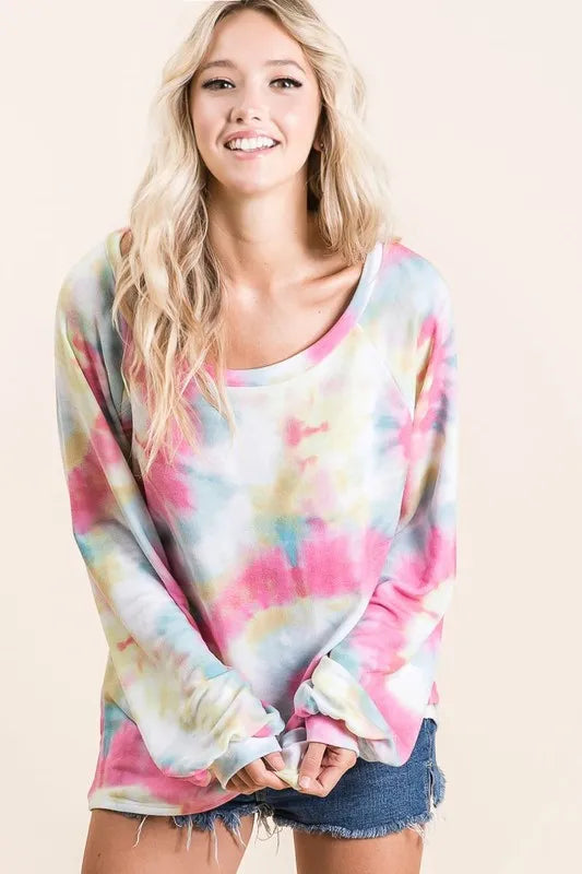 BiBi Tie Dye Print Terry Top With Puff Sleeves