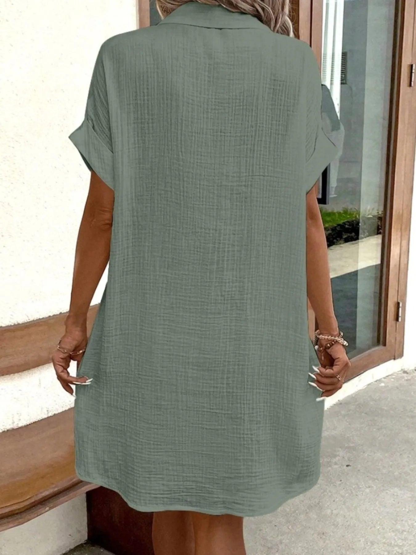 Casual Button Down Cotton Shirt Dress with Pockets