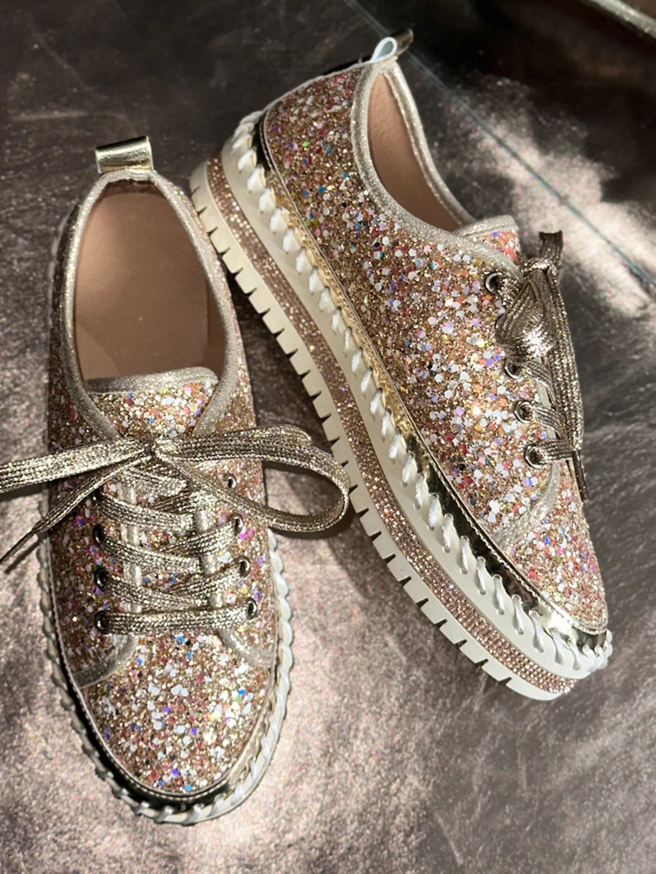 Lace Up Round Toe Platform Sneakers Gold