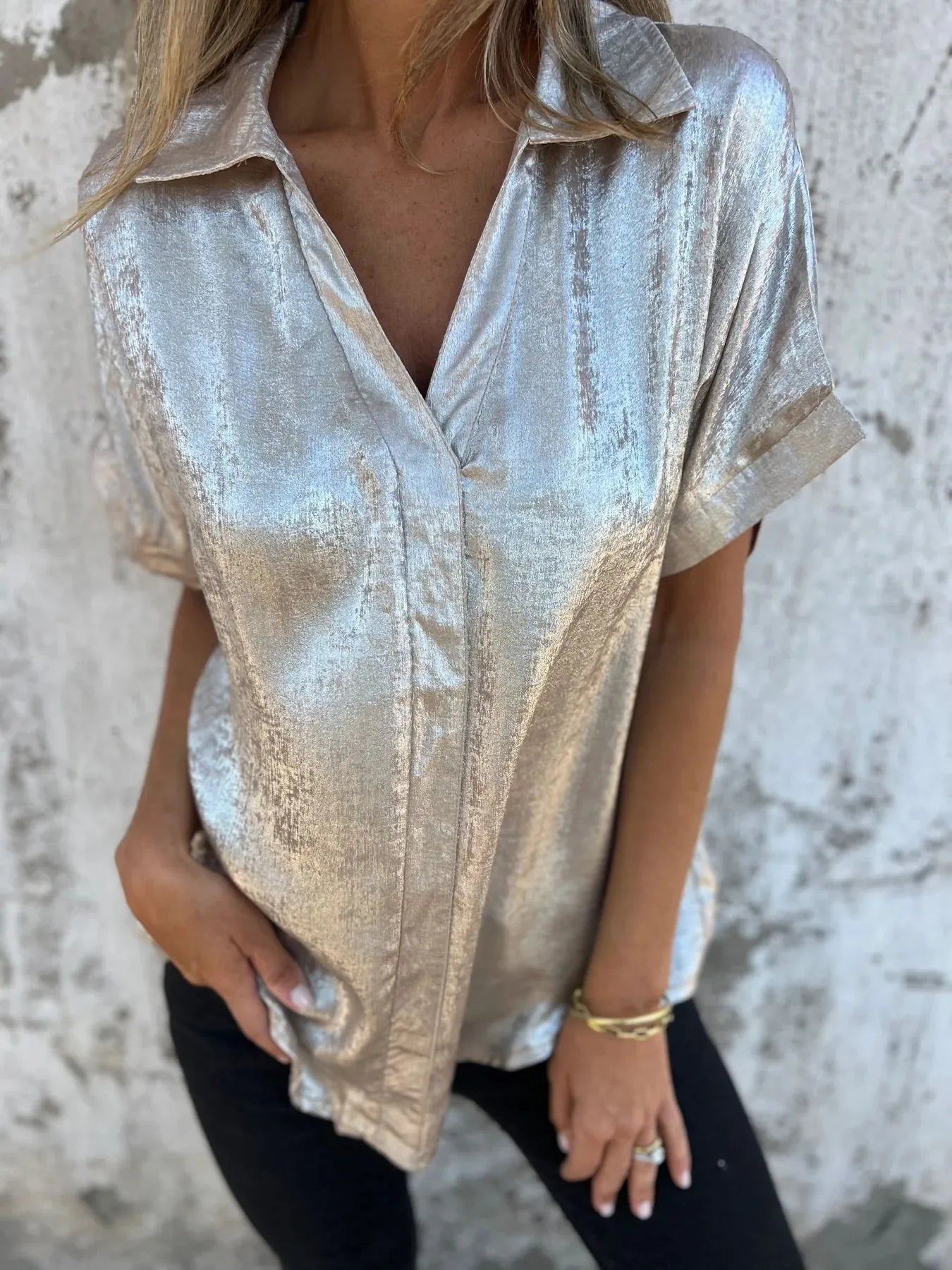 Full Size Collared Neck Short Sleeve Shirt Plus Size Gold