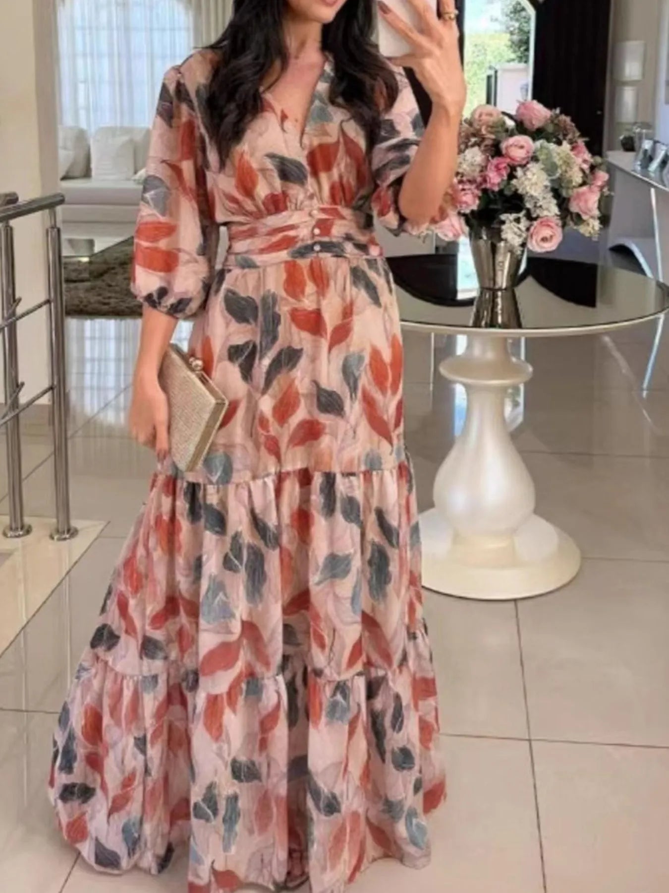 Full Size Printed V-Neck Maxi Dress with Tiered Hemline Plus Size Pink