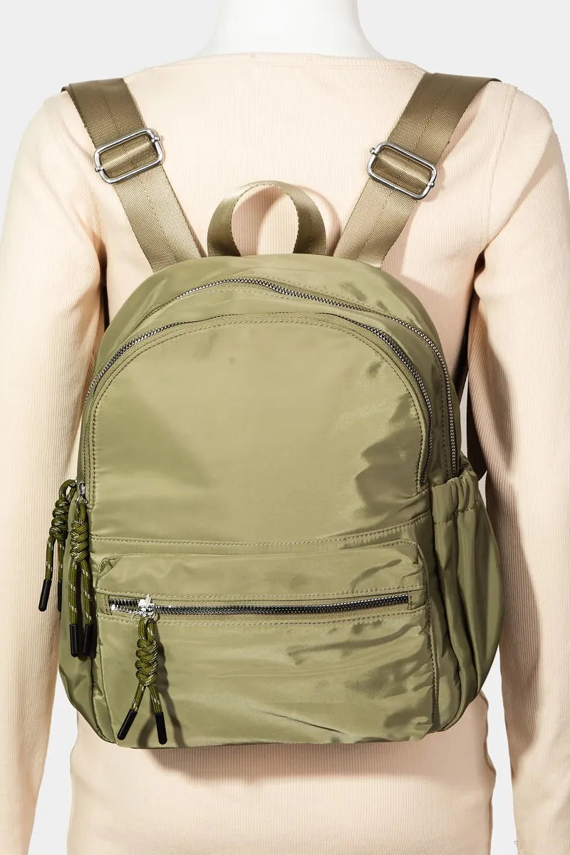 Fame Adjustable Strap Nylon Backpack Bag with Side Pockets Olive One Size