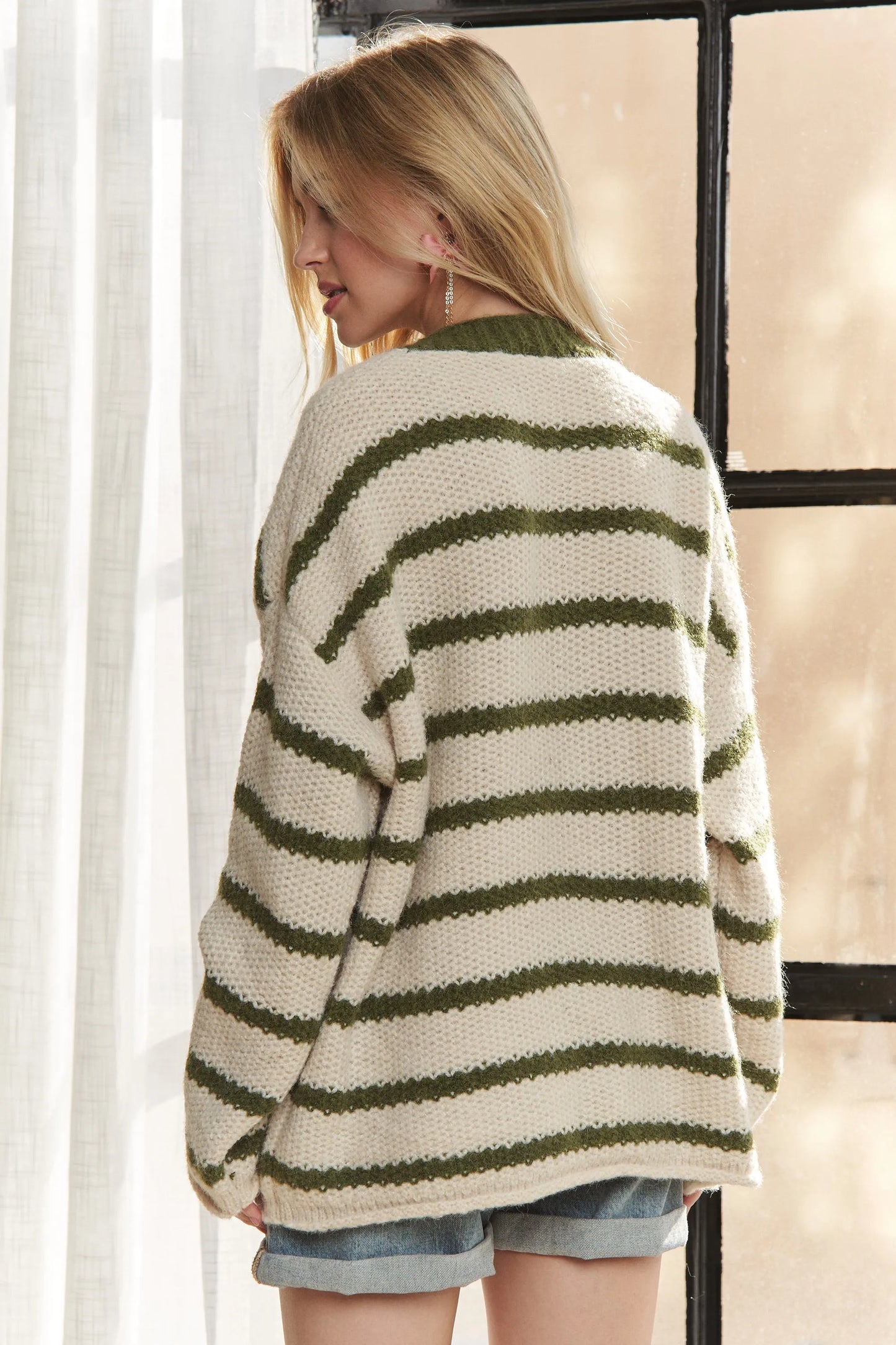 ADORA Horizontally Striped Button Up Cardigan