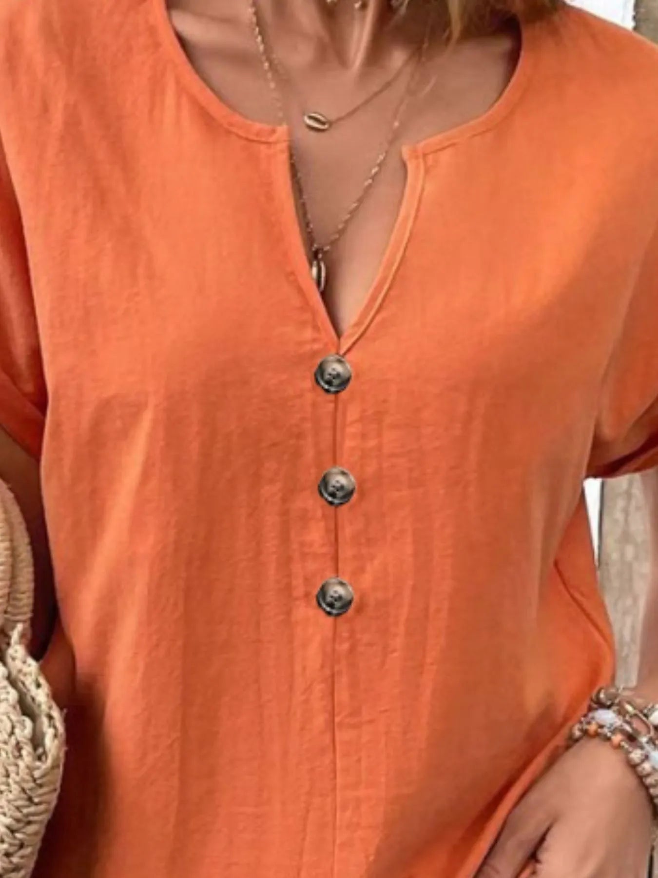 Full Size Notched Short Sleeve Top Plus Size