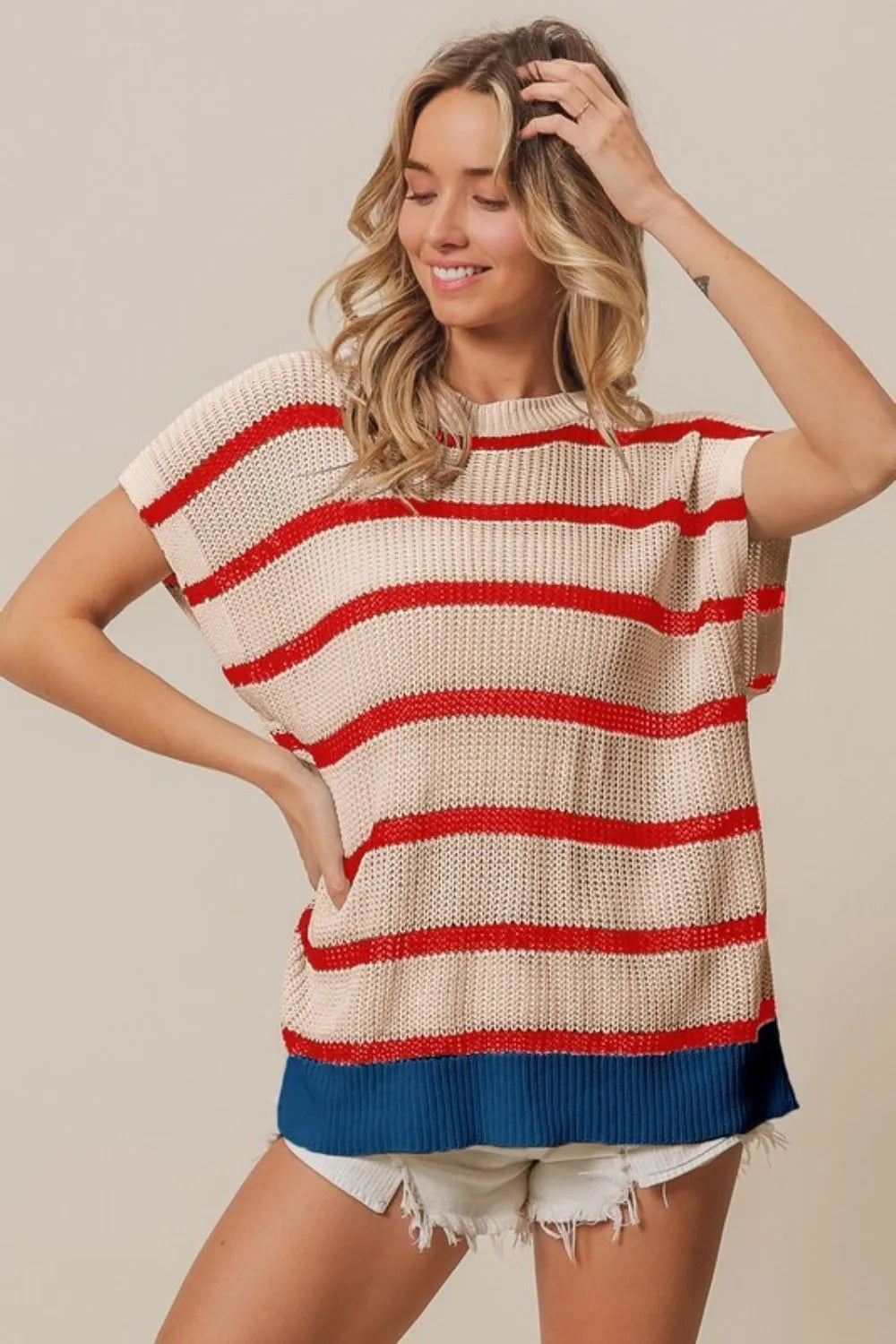 BiBi Fourth Of July Stripe Drop Shoulder Sweater OATMEAL RED NAVY