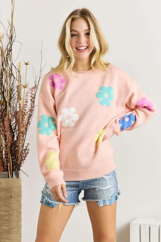 ADORA Full Size Flower Popped Sweater Plus Size