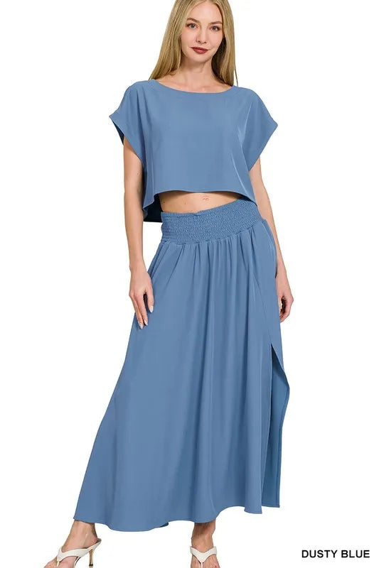 Zenana Woven Crinkle Gauze Crop Tee and Skirt Set DUSTY BLUE