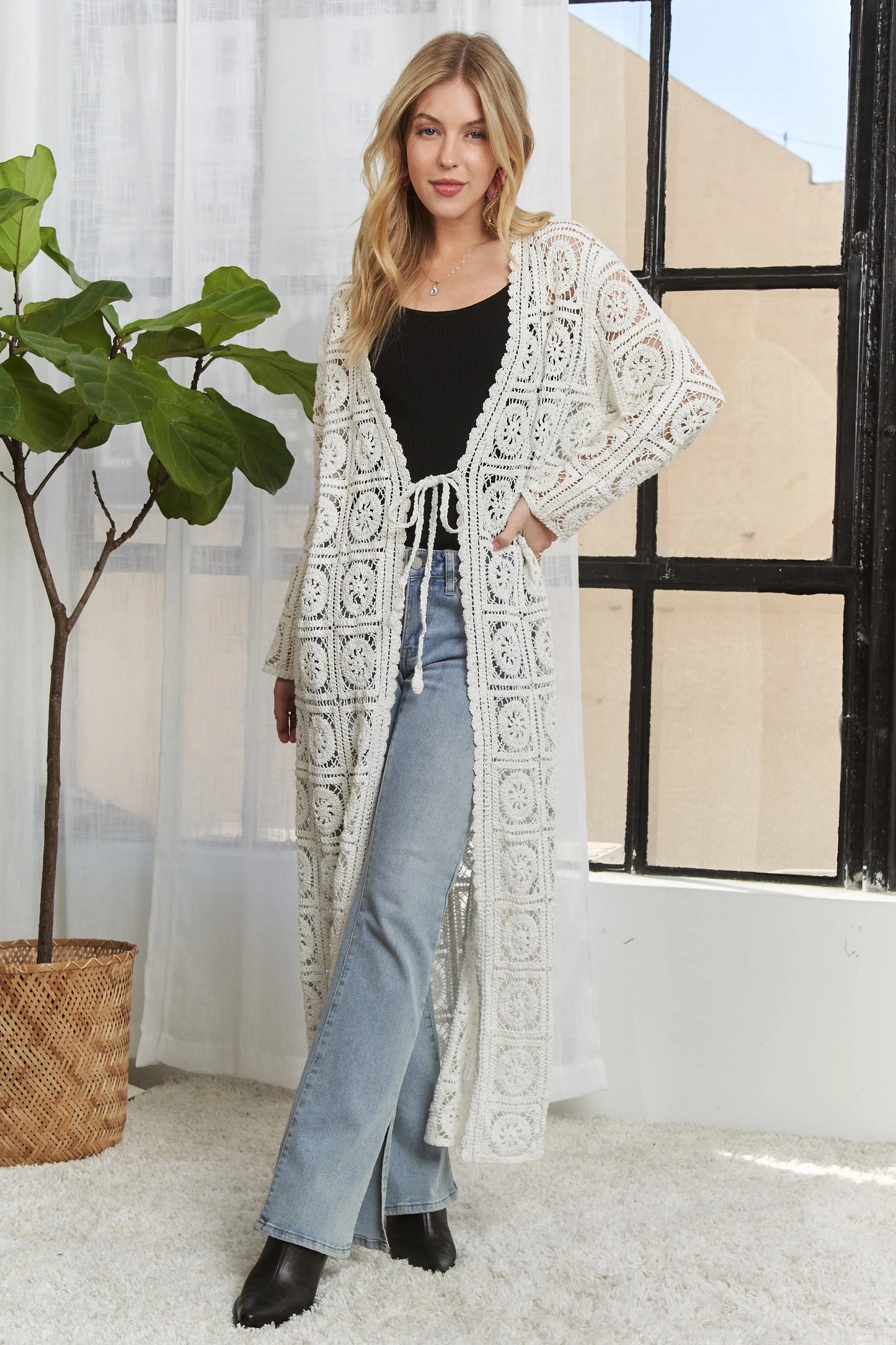 ADORA Long Sleeves Crochet Elastic Cardigan