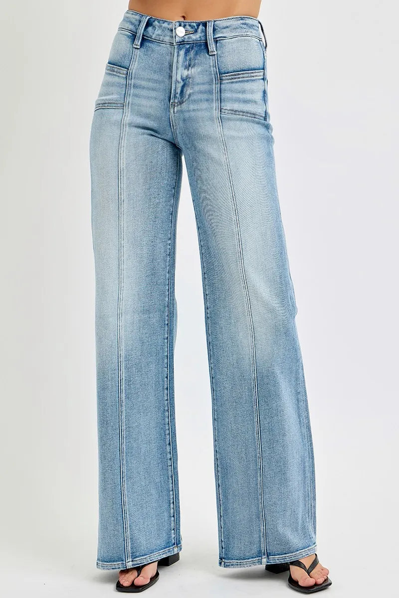 RISEN Full Size Mid Rise Wide Jeans with Front Patch Pocket Plus Size MEDIUM