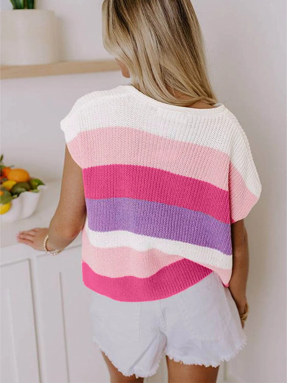 Color Block Notched Short Sleeve Knit Top