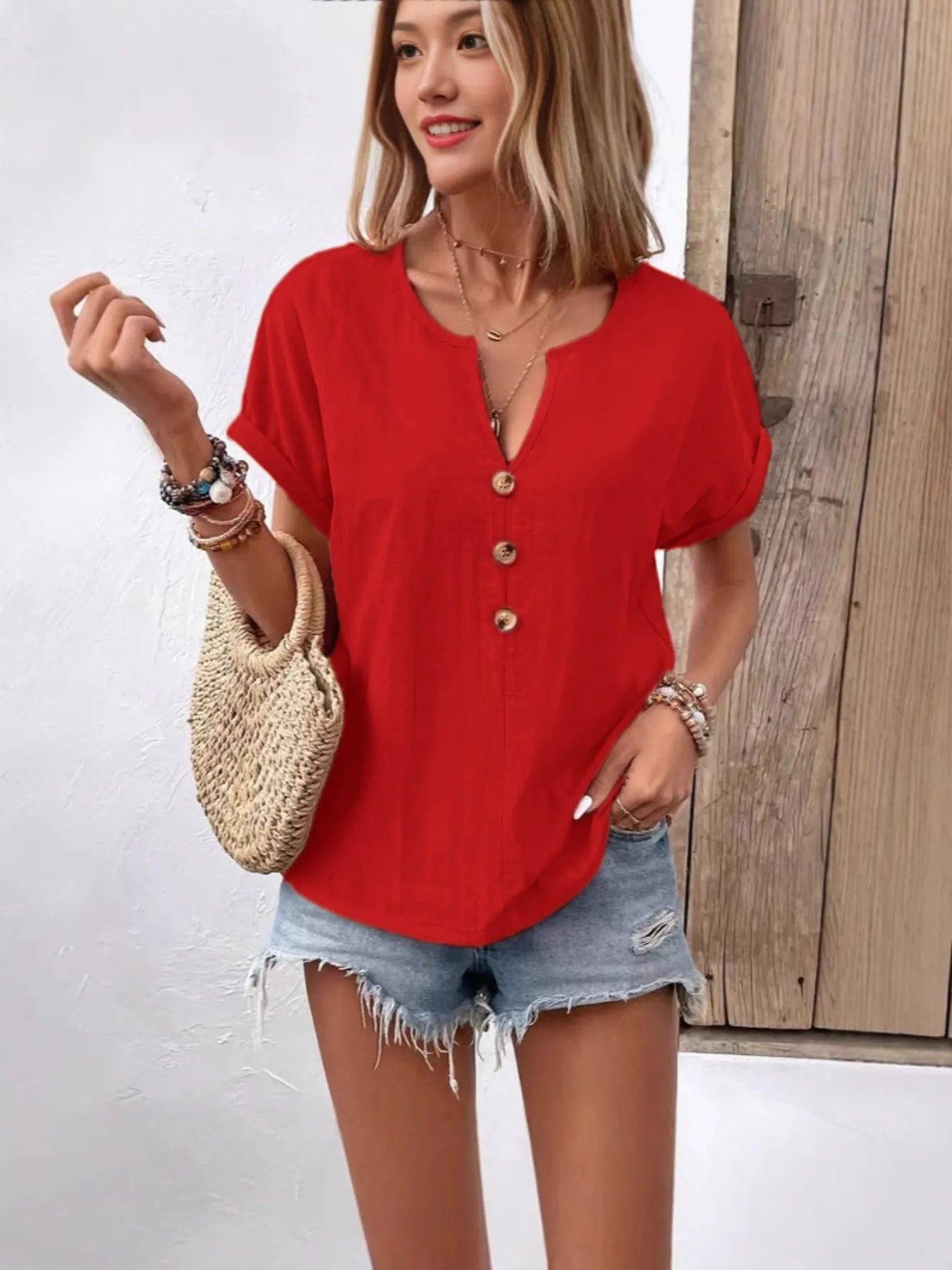 Full Size Notched Short Sleeve Top Plus Size Red