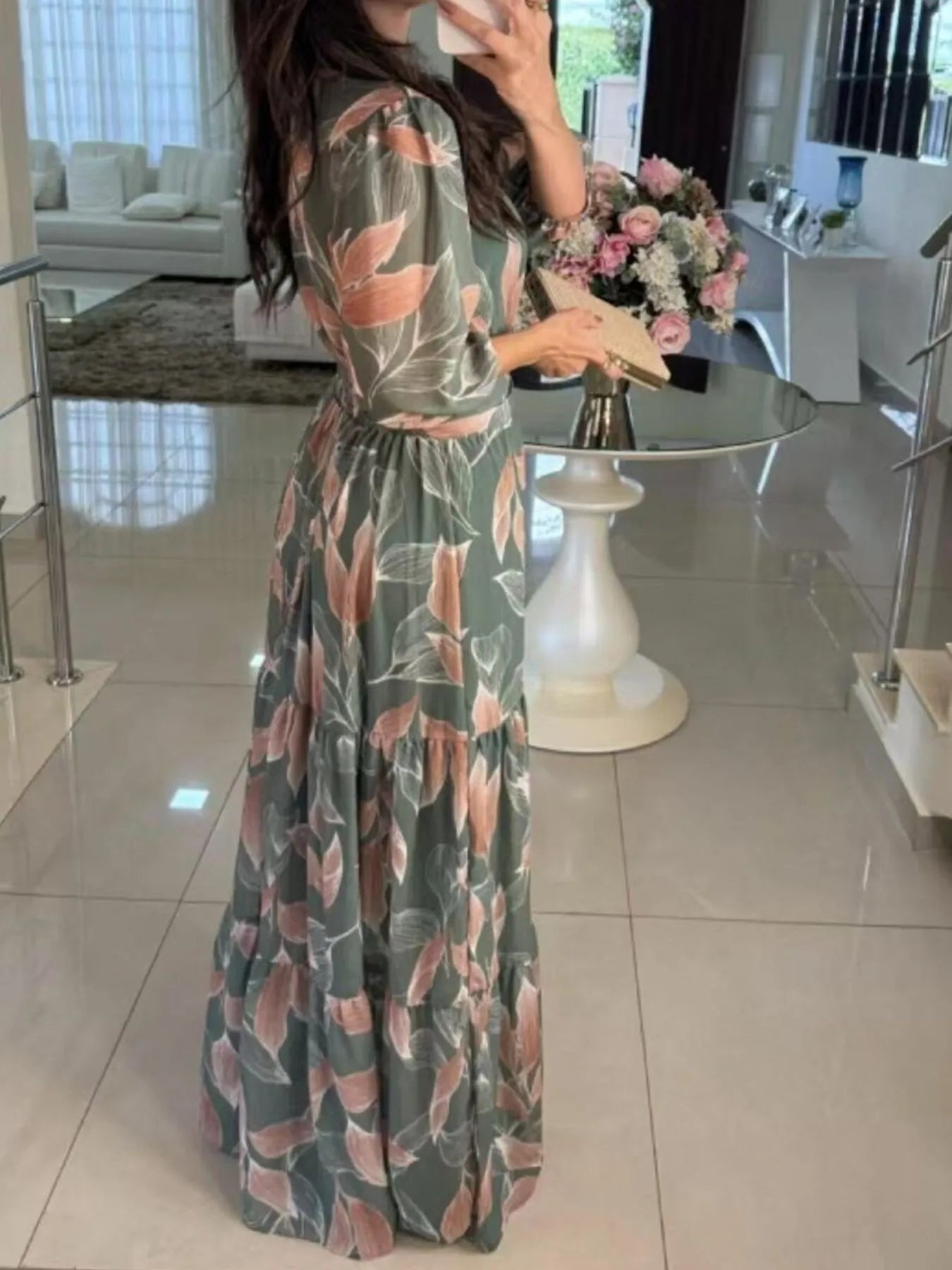 Full Size Printed V-Neck Maxi Dress with Tiered Hemline Plus Size