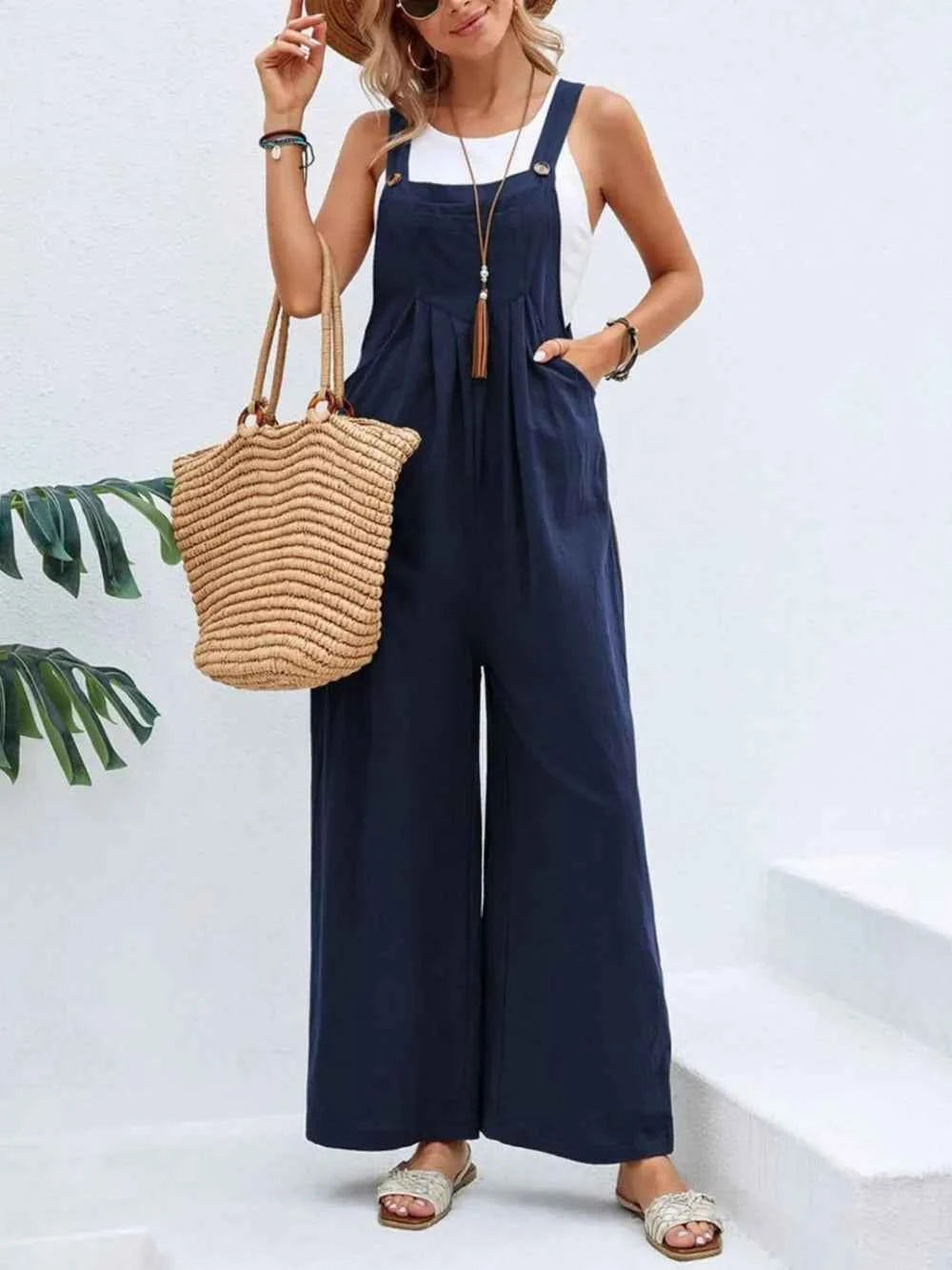 Full Size Square Neck Wide Strap Overalls Navy