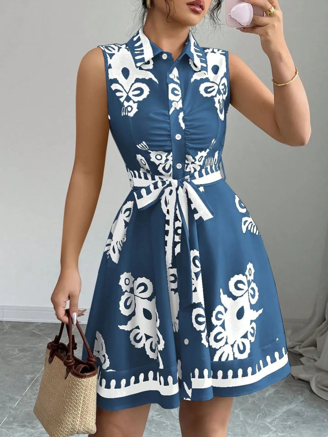 Printed Sleeveless Tie Waist Mini Dress Blue