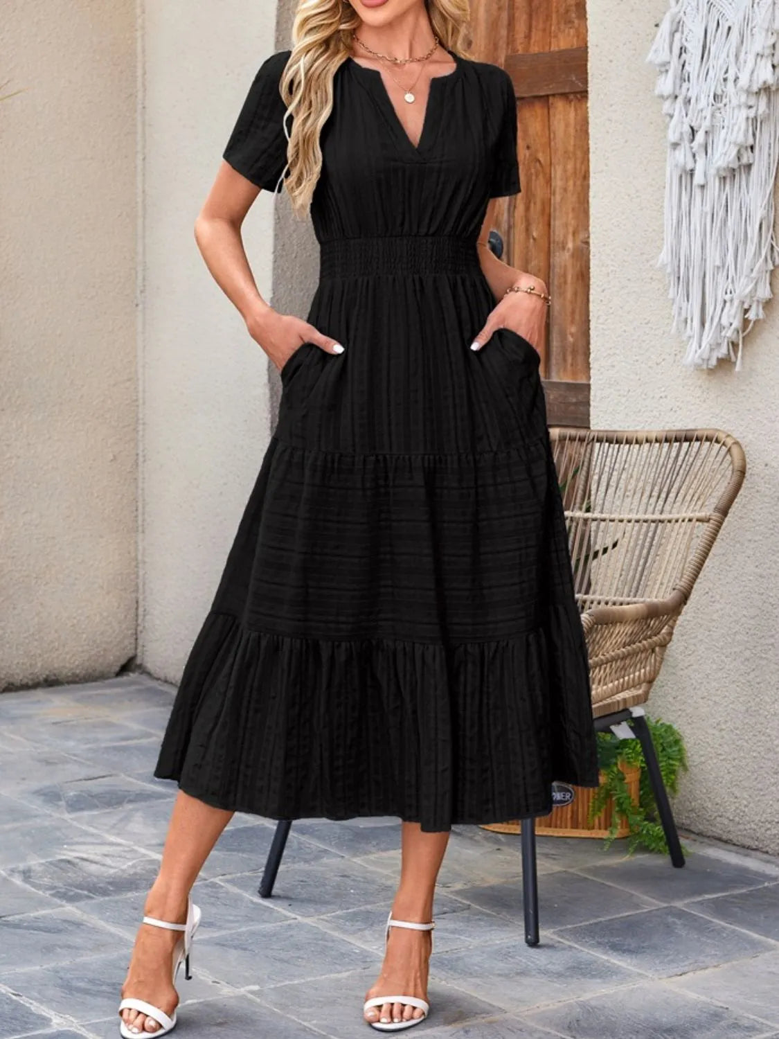 Tiered Notched Short Sleeve Dress Black