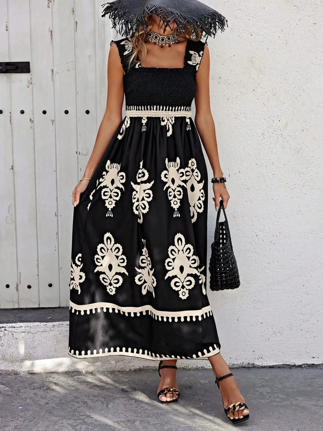 Smocked Printed Wide Strap Maxi Dress Black