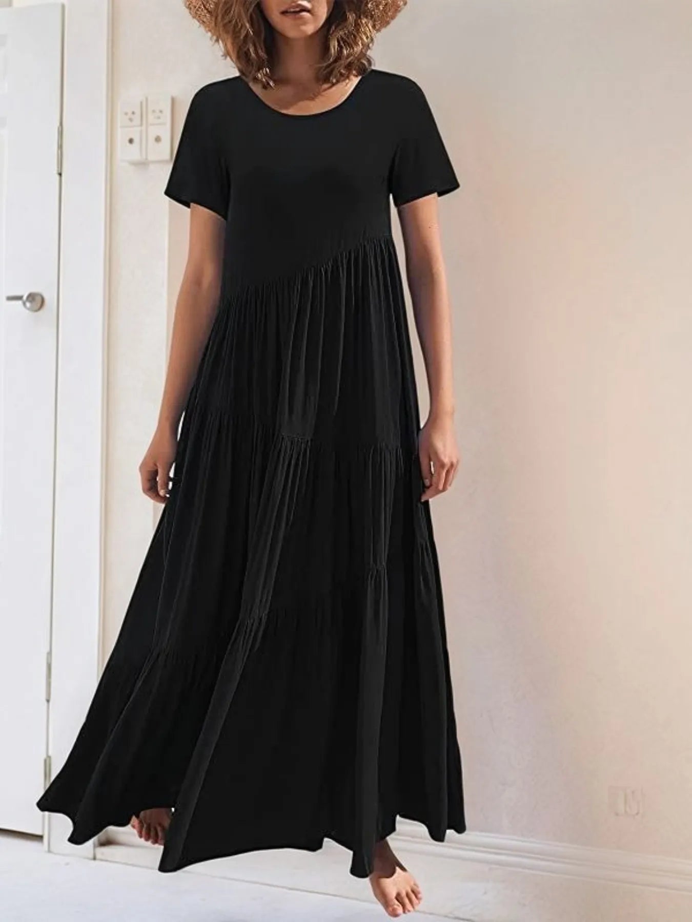 Round Neck Tiered Ruffle Maxi Dress Black