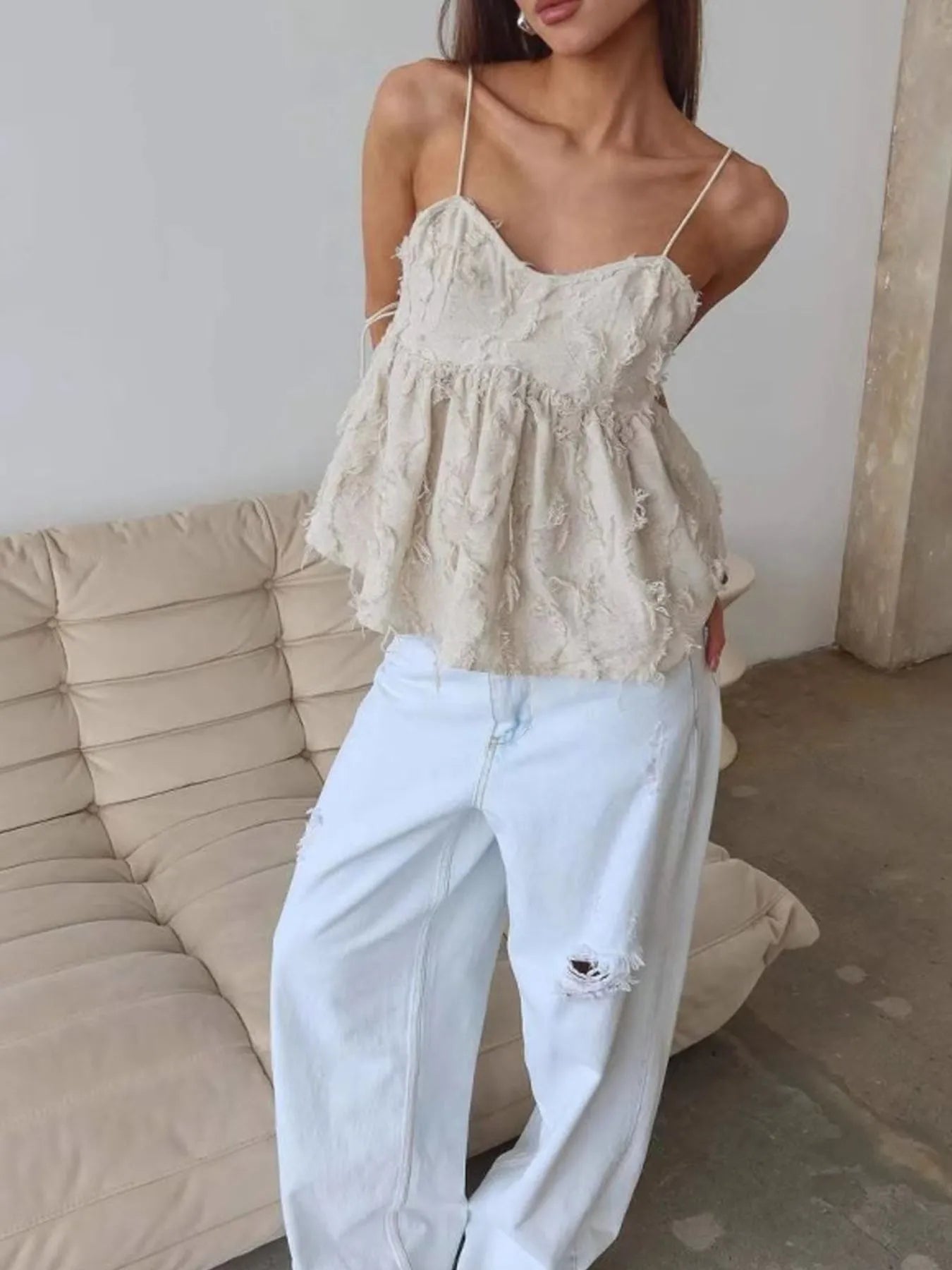 Backless Fringe Cropped Babydoll Cami