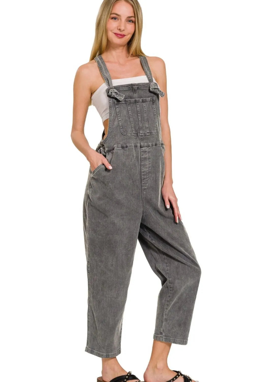 Zenana Washed Knot Strap Relaxed Fit Overalls ASH BLACK