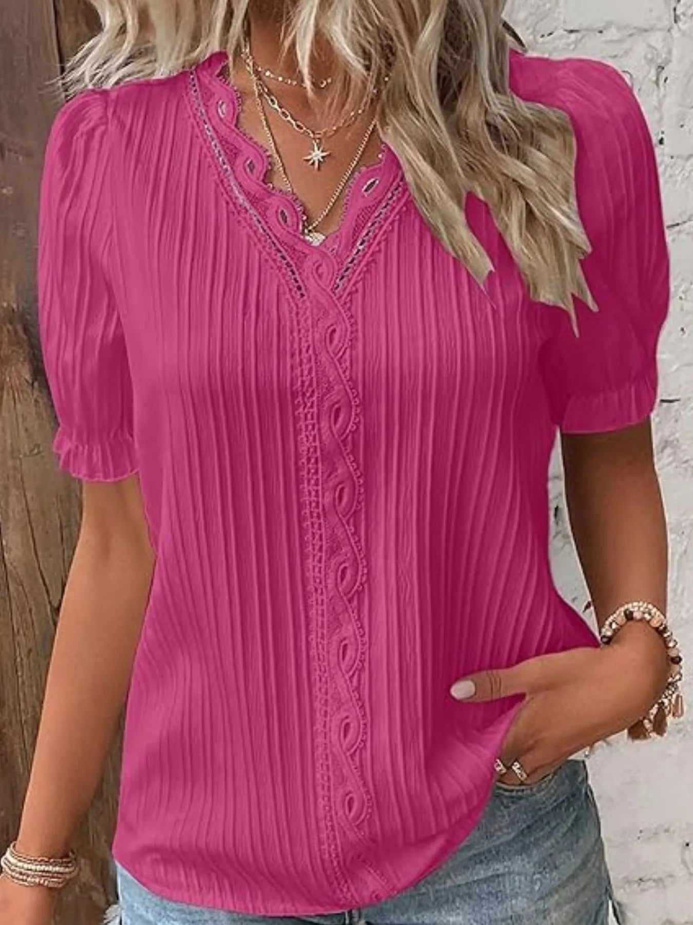 Full Size Lace Detail V-Neck Blouse Plus Size Rose Red