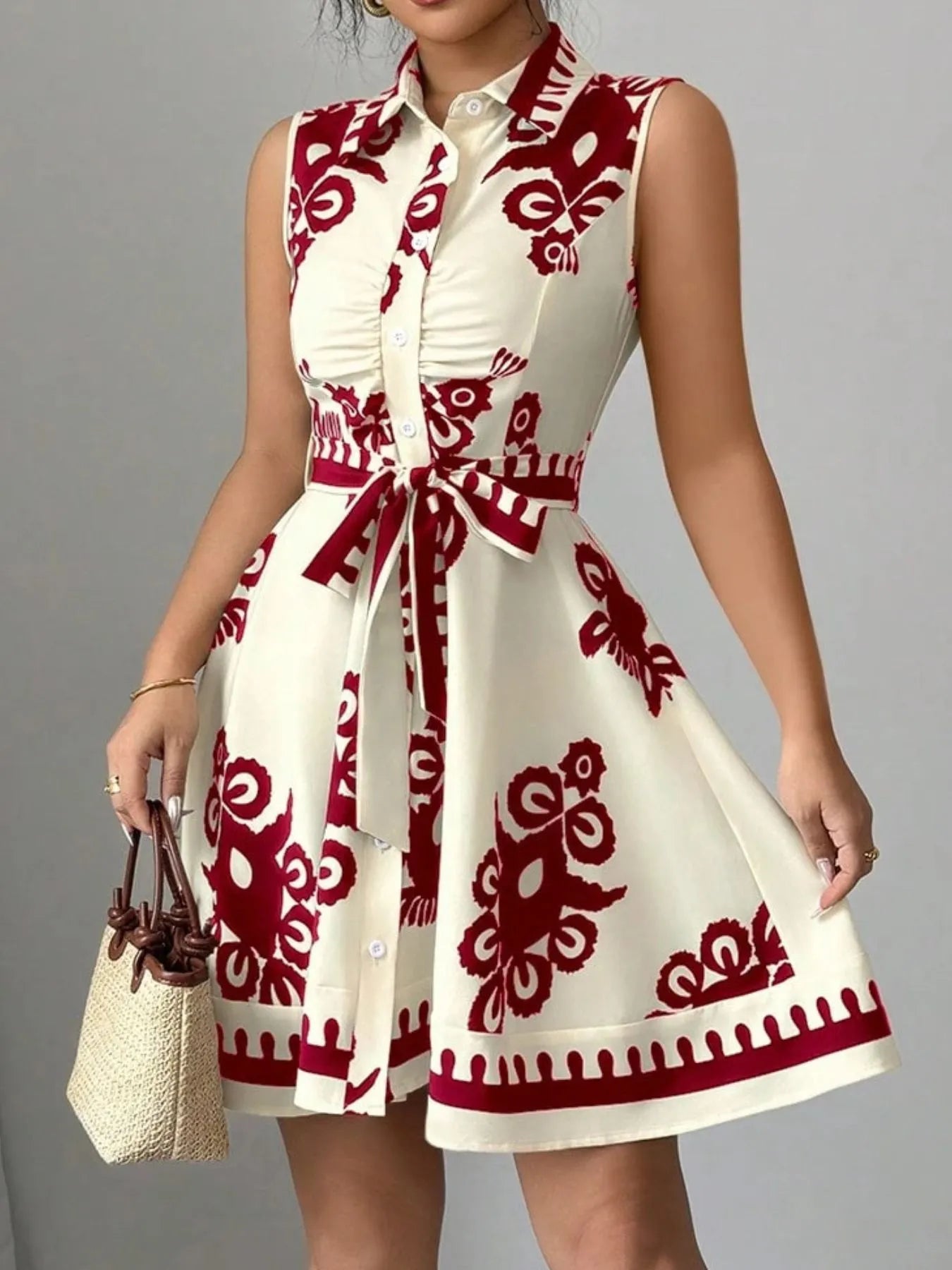 Printed Sleeveless Tie Waist Mini Dress