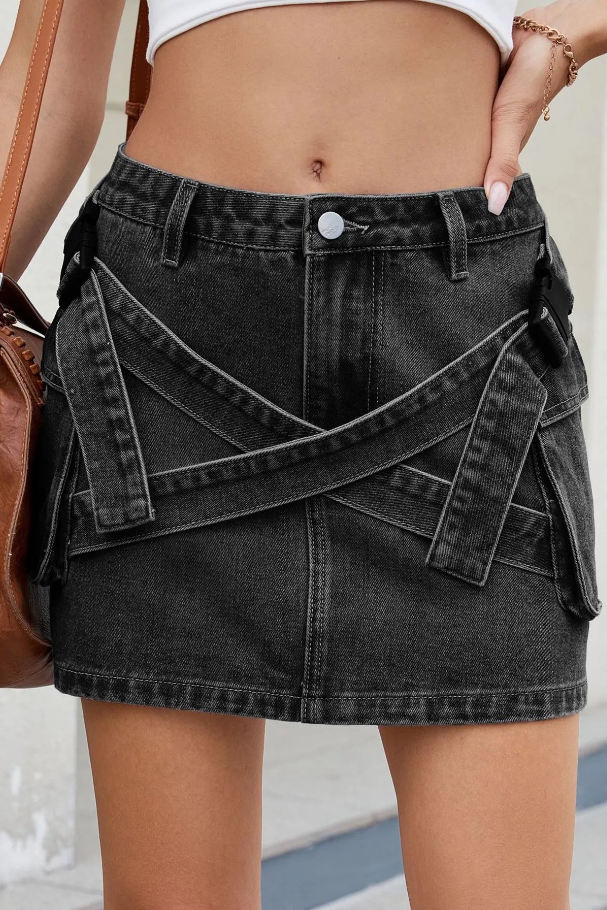 Criss-Cross Waist Detail Denim Mini Skirt Black Gray