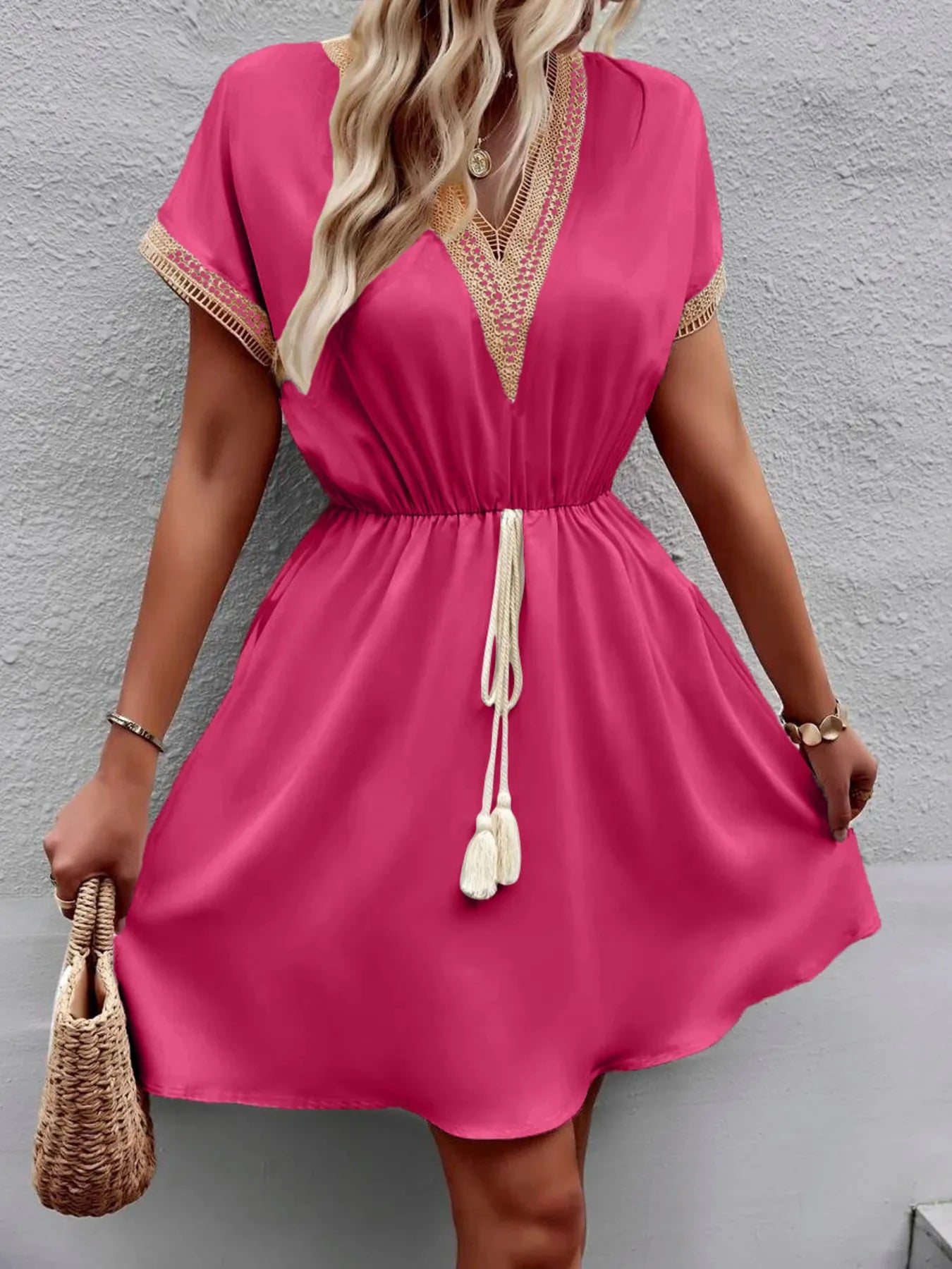 V-Neck Short Sleeve Mini Dress Rose Red