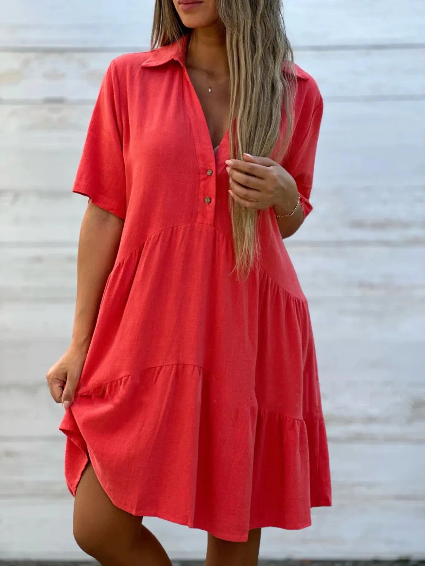 Full Size Tiered Button-Front Short Sleeve Dress Plus Size Red