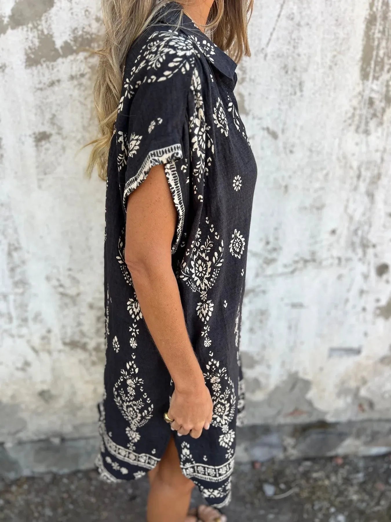 Full Size Printed Short Sleeve Button-Up Shirt Dress Plus Size