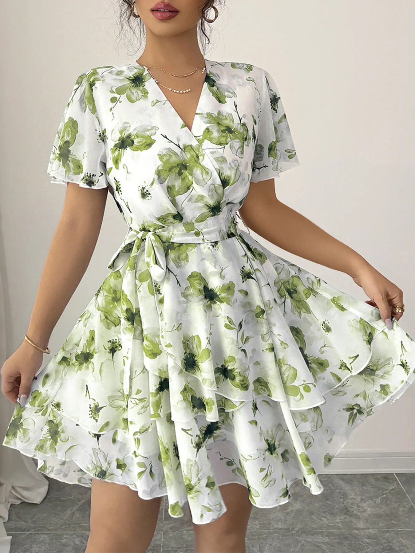 Printed Surplice Layered Mini Dress Green