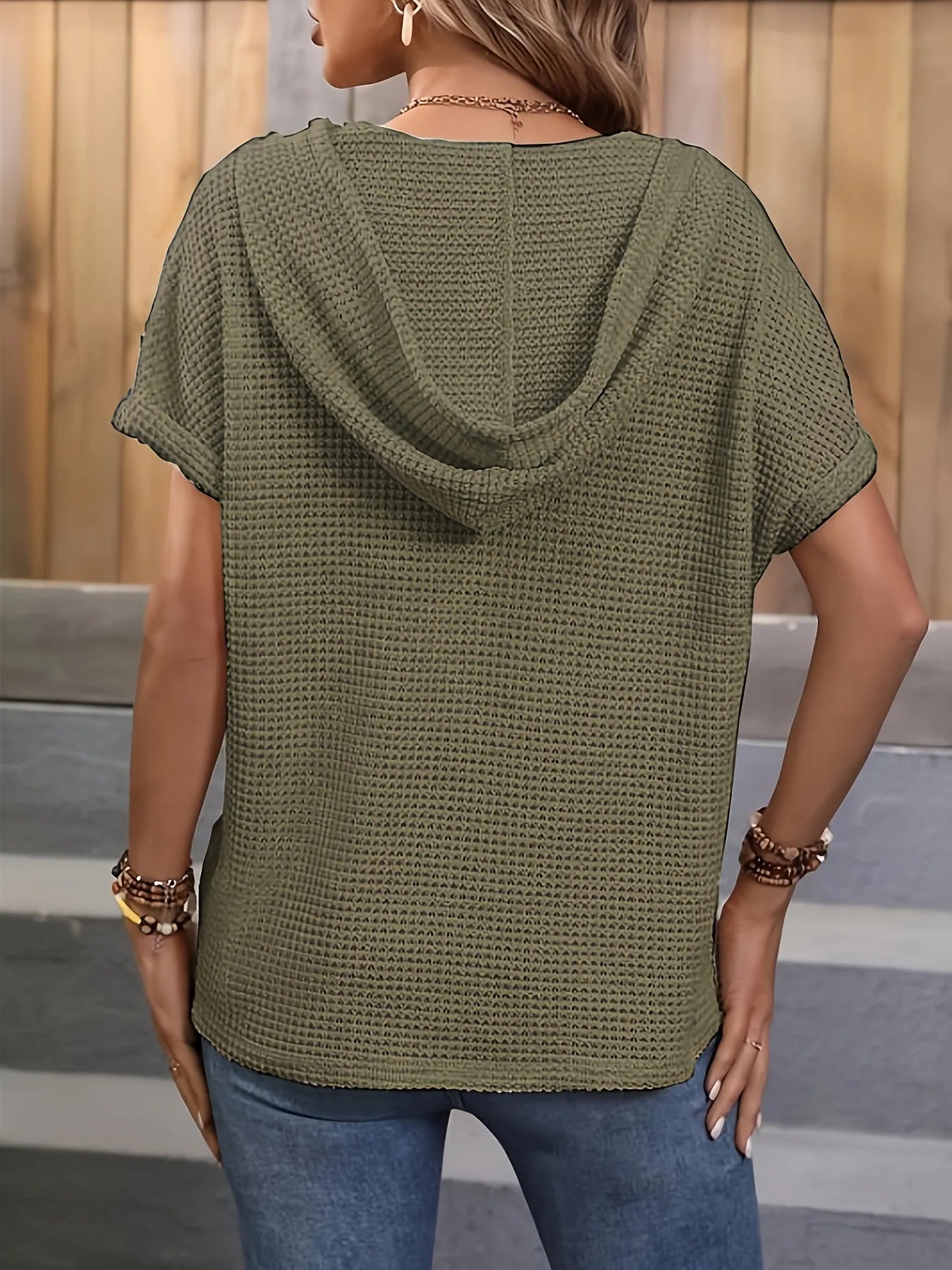 Drawstring Waffle Knit Short Sleeve Hoodie
