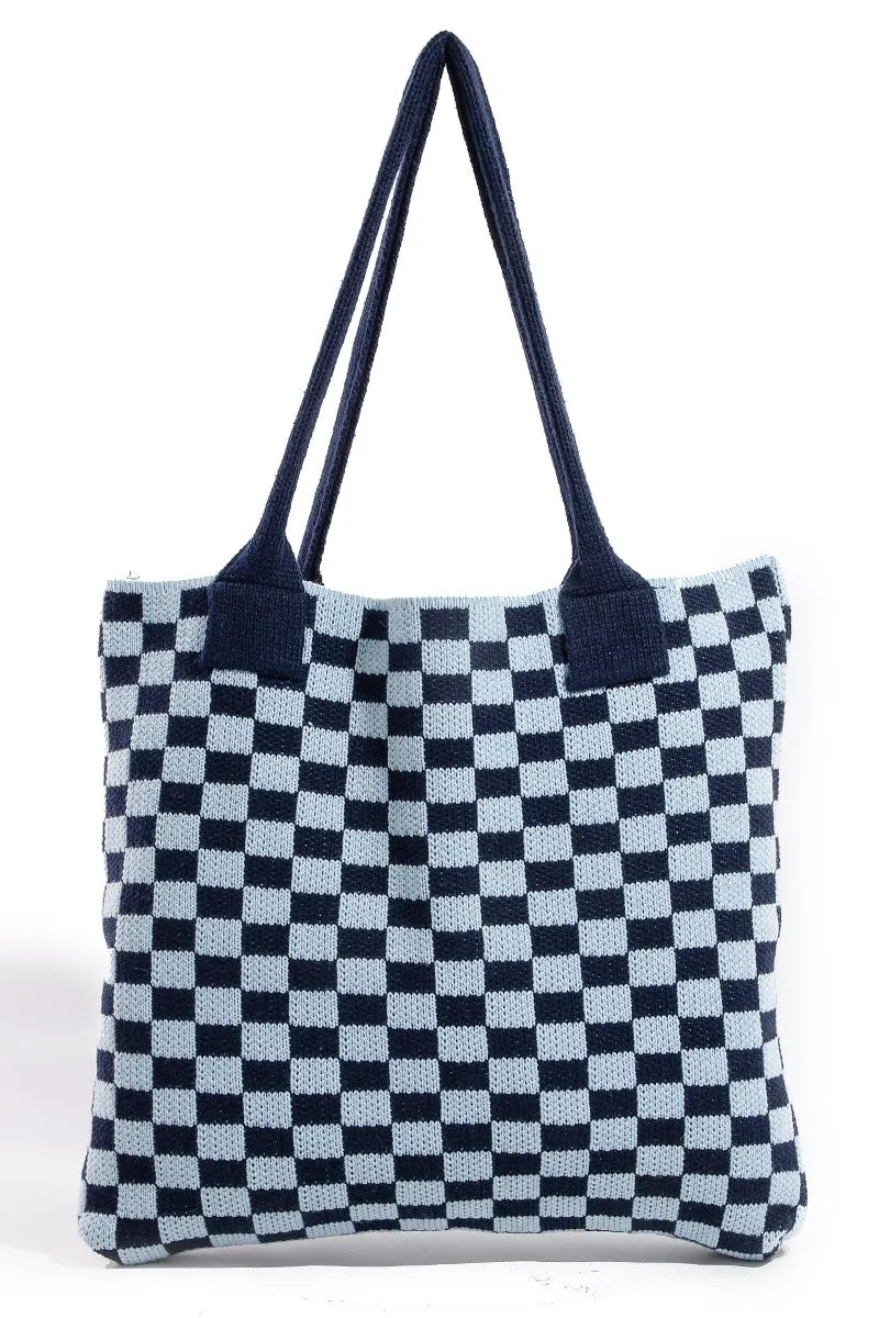 Fame Checkered Pattern Tote Bag Blue One Size