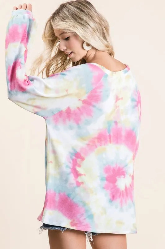 BiBi Tie Dye Print Terry Top With Puff Sleeves