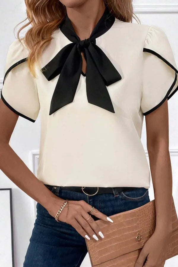 Bow Tie Contrast Short Sleeve Blouse