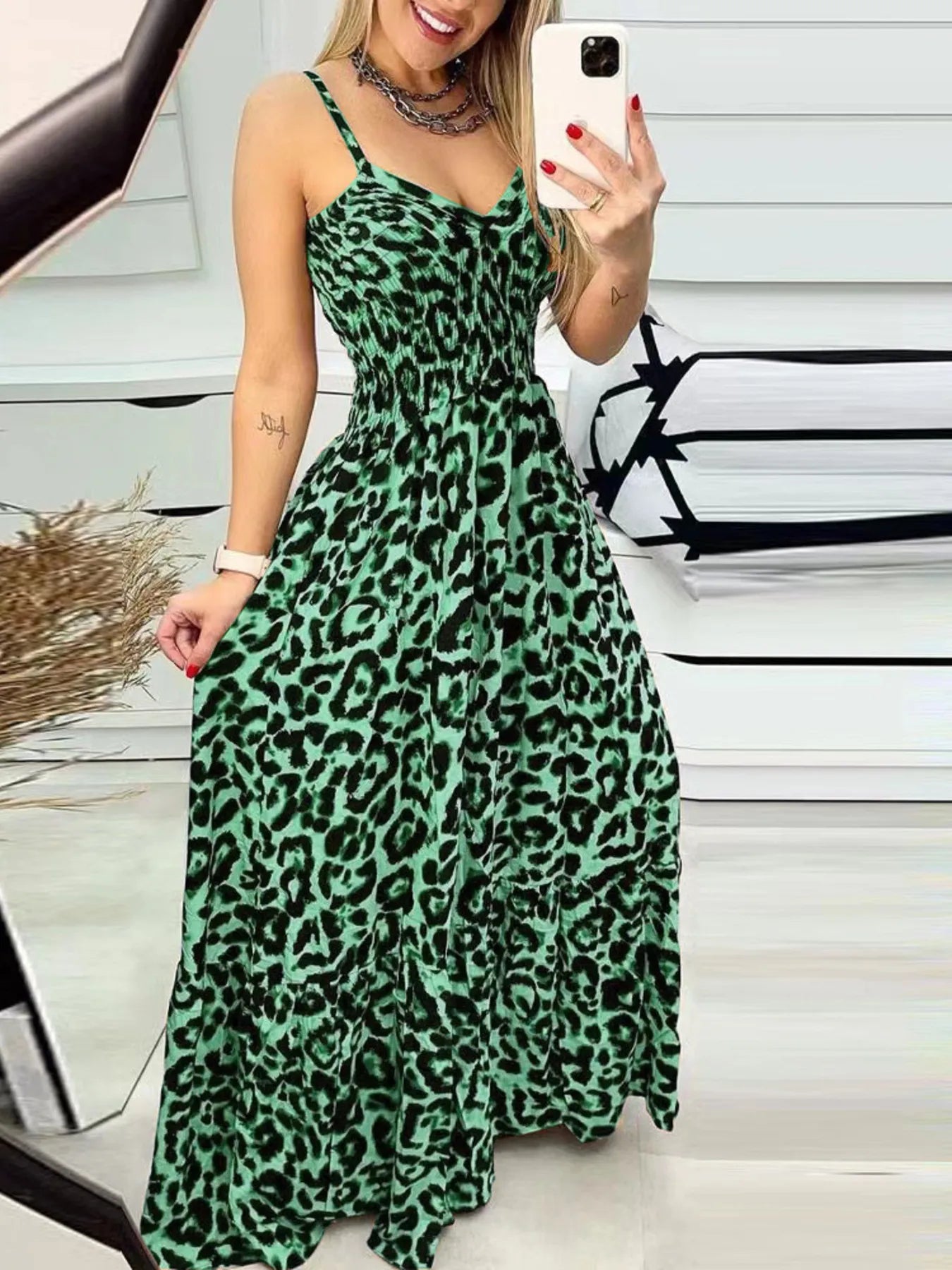 Full Size Leopard Print Spaghetti Strap Maxi Dress Plus Size Green