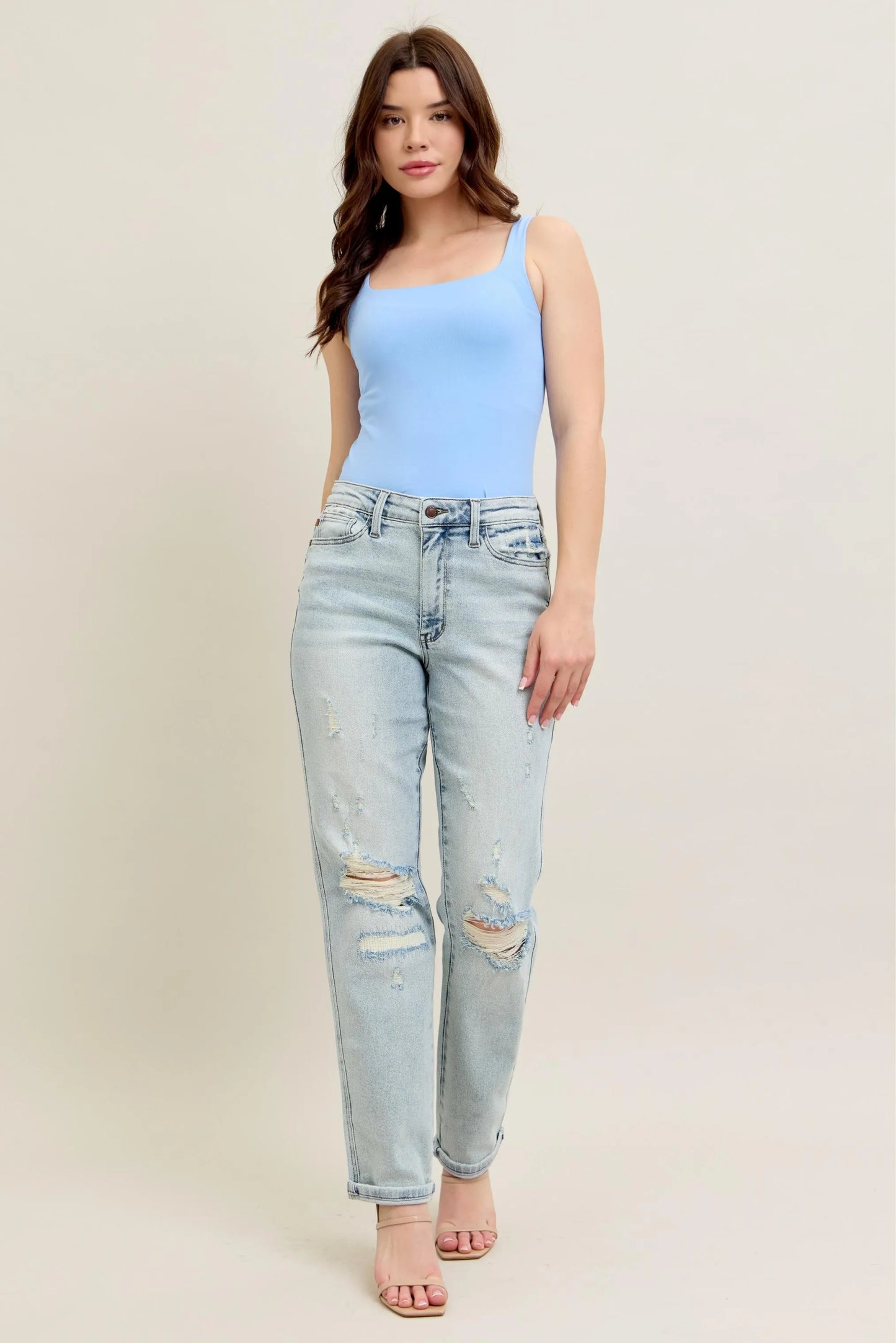 Judy Blue Full Size Mr Repair Stitch Detail Destroy Single Cuff Bf Jeans Plus Size LT
