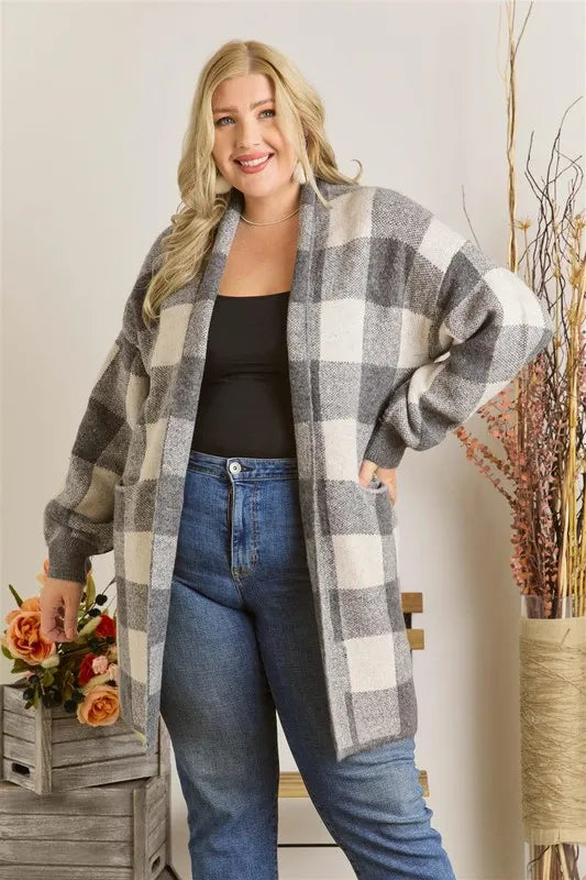 ADORA Full Size Checker Sweater Cardigan Plus Size