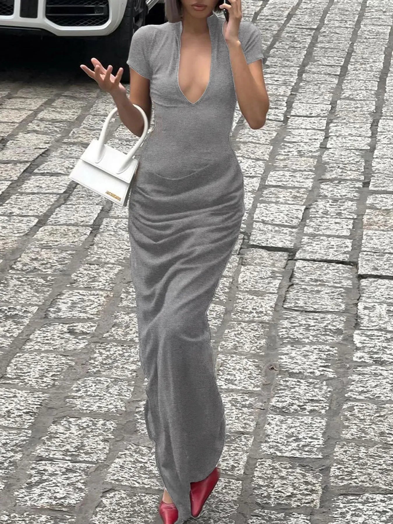 Side Slit Short Sleeve Maxi Dress Grey