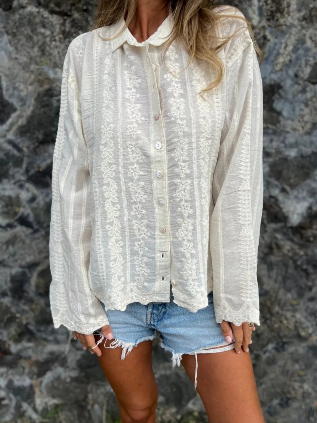 Floral Embroidered Button Down Shirt