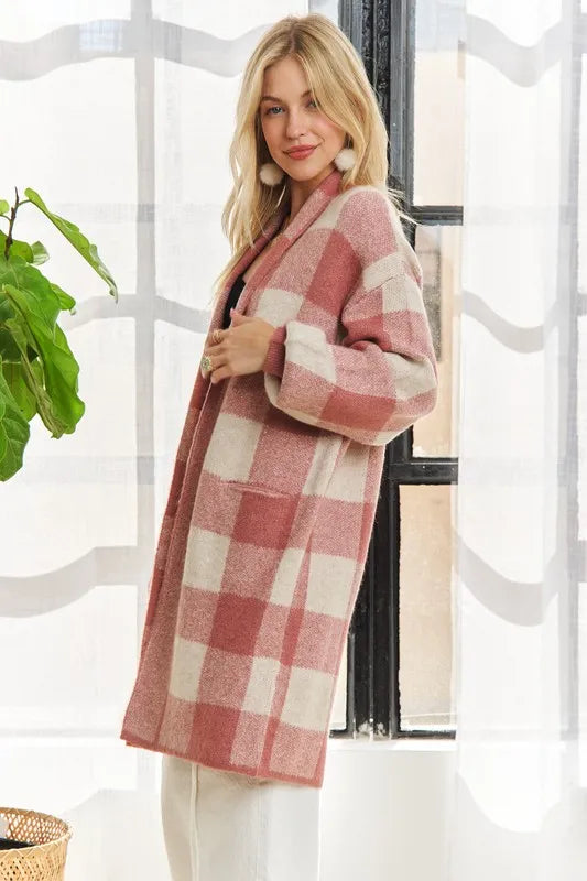 ADORA Full Size Checker Sweater Cardigan Plus Size